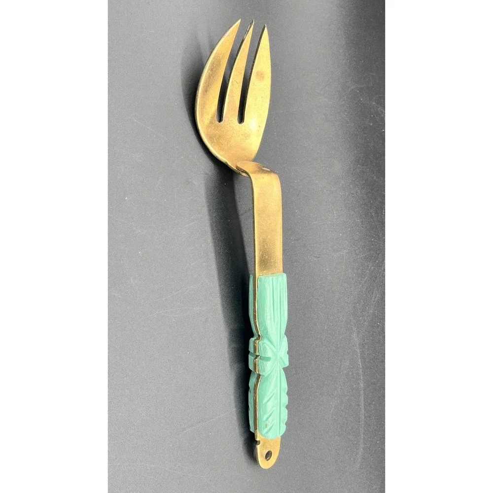 Vtg‎ Lg Hammered Brass Wood Serving Fork Smaller 2-Prong Fork Spoon Handcrafted